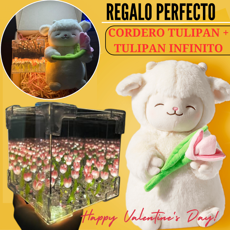 PELUCHE CORDERITO TULIPAN + TULIPAN INFINITO CAJA DE REGALO